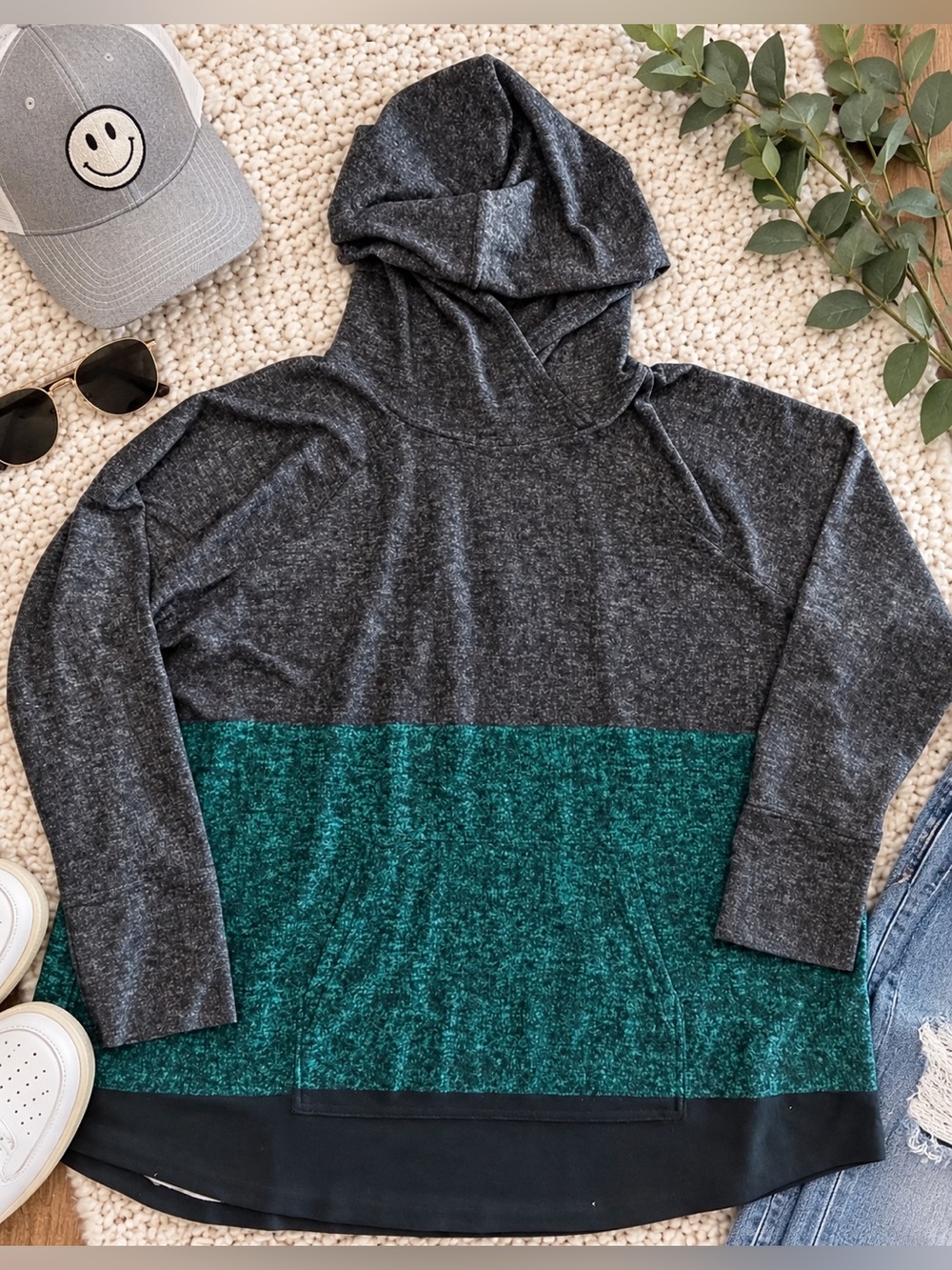 LuLaRoe Women’s 3X Colorblock Hoodie Charcoal Gray Teal Green Pullover